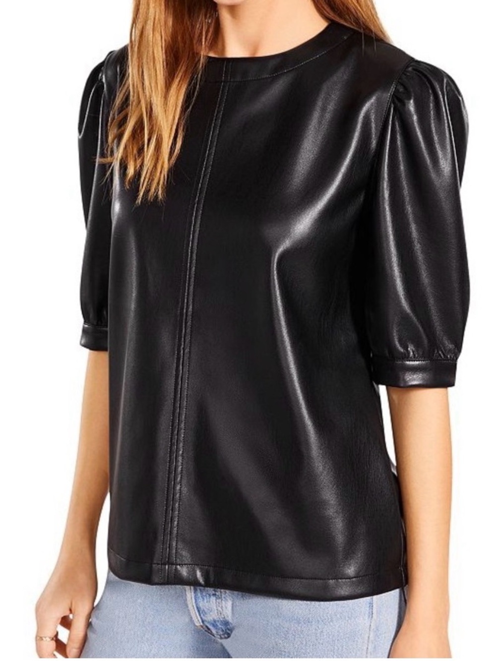 BB Dakota Steve Madden Black Leather Puff Sleeve Top